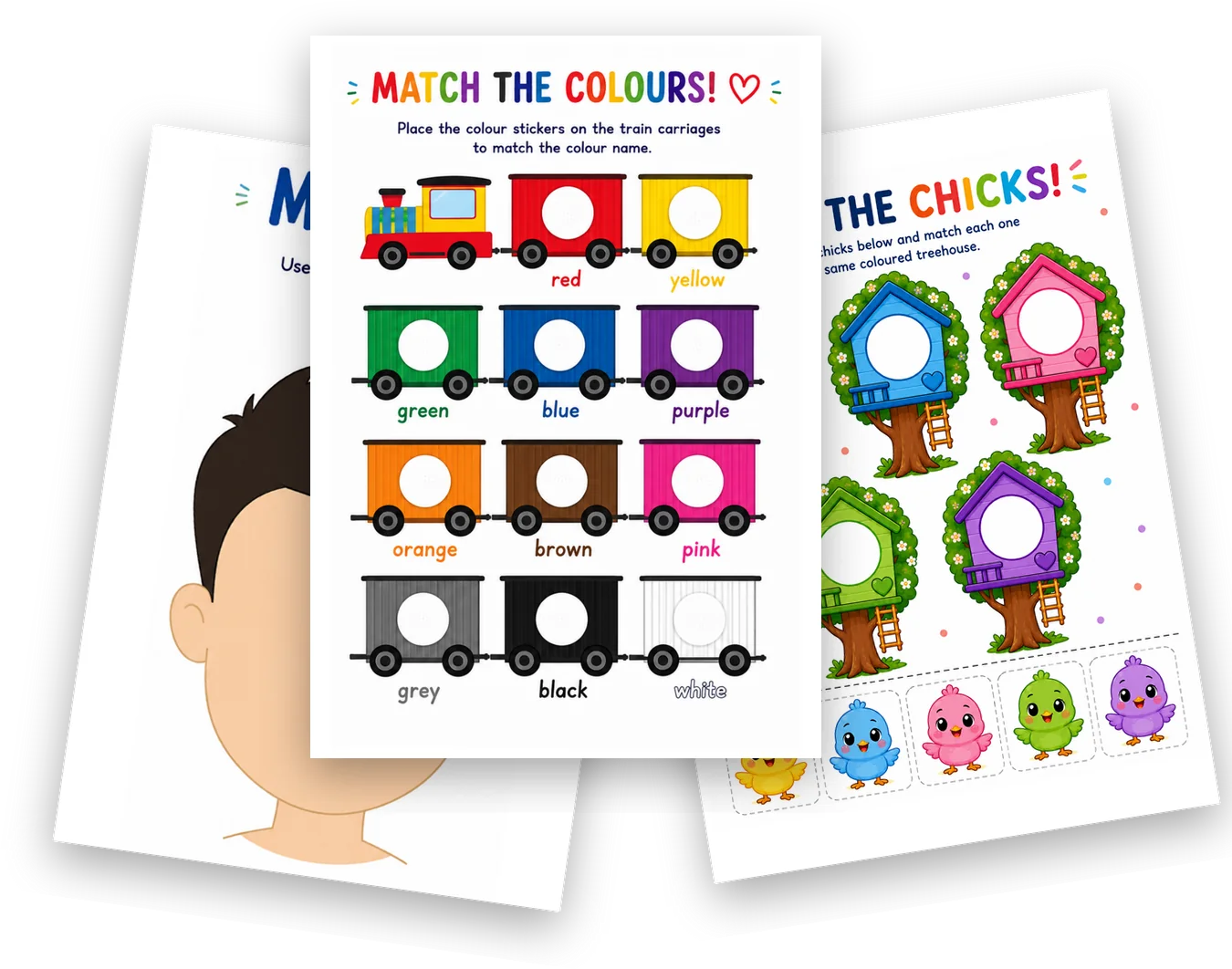 Three pages from the starter pack: My Face, Match the Colours and Match the Chicks