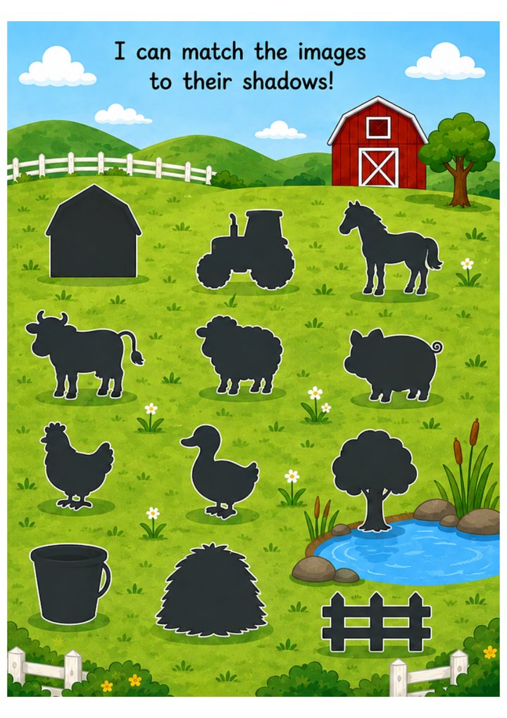 Farm animal shadow matching page