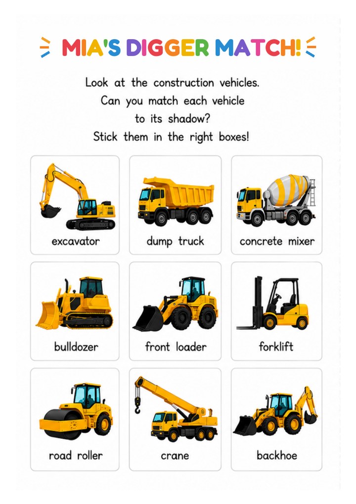 A page personalised as Mia's Digger Match